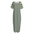 Blue And Yellow Illusory Motion Print Short Sleeve Long Nightdress