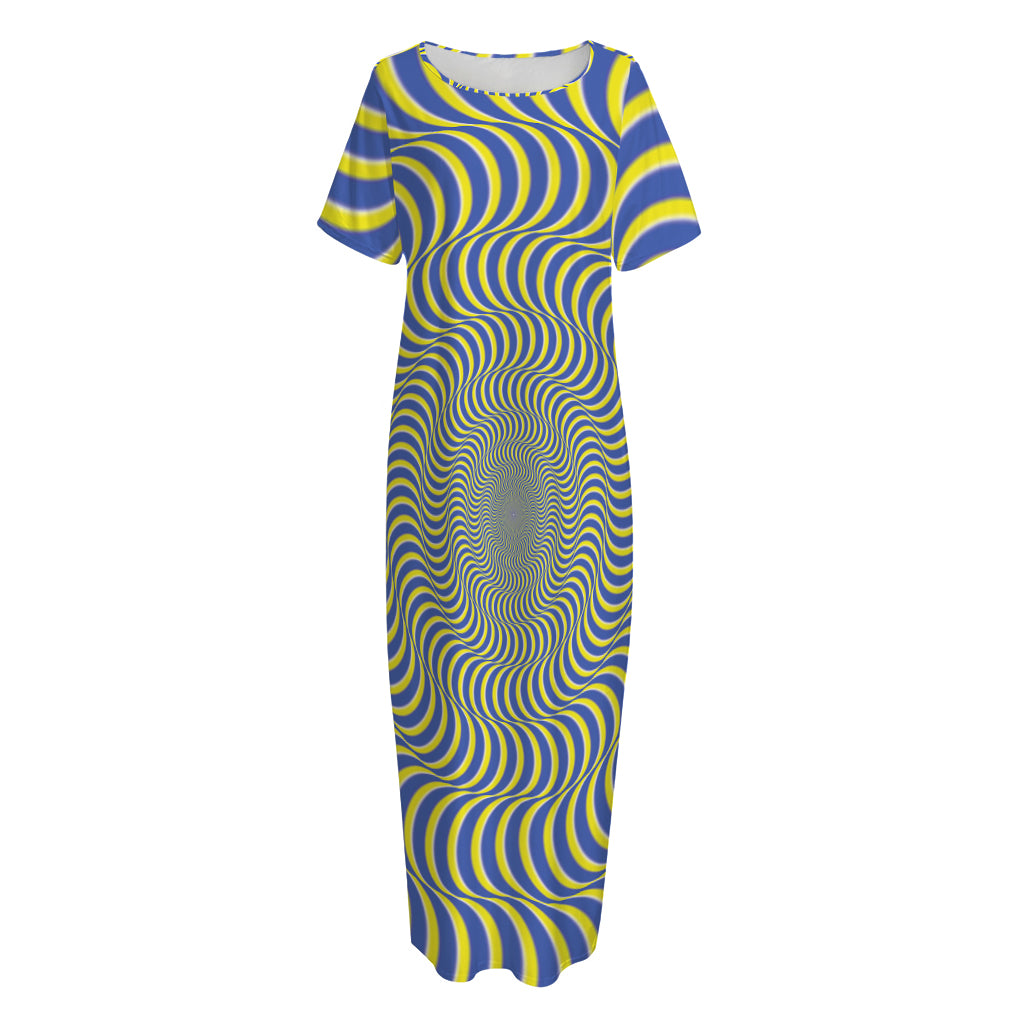 Blue And Yellow Illusory Motion Print Short Sleeve Long Nightdress