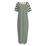 Blue And Yellow Illusory Motion Print Short Sleeve Long Nightdress
