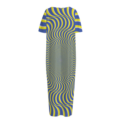 Blue And Yellow Illusory Motion Print Short Sleeve Long Nightdress