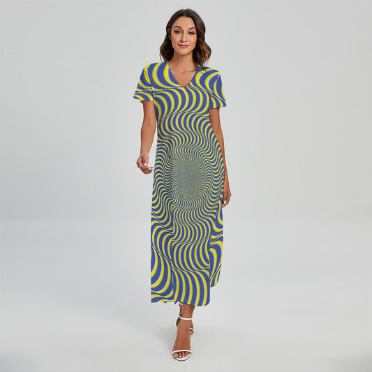 Blue And Yellow Illusory Motion Print Short Sleeve Maxi Dress