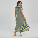 Blue And Yellow Illusory Motion Print Short Sleeve Maxi Dress