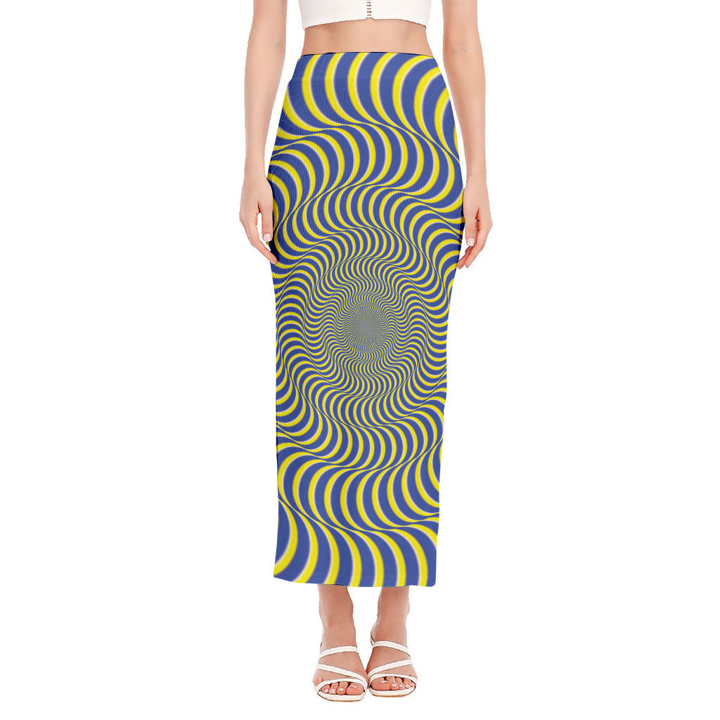 Blue And Yellow Illusory Motion Print Side Slit Maxi Skirt