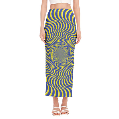 Blue And Yellow Illusory Motion Print Side Slit Maxi Skirt