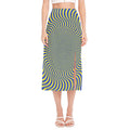 Blue And Yellow Illusory Motion Print Side Slit Midi Skirt