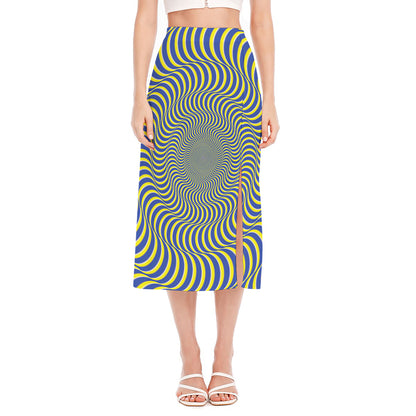 Blue And Yellow Illusory Motion Print Side Slit Midi Skirt