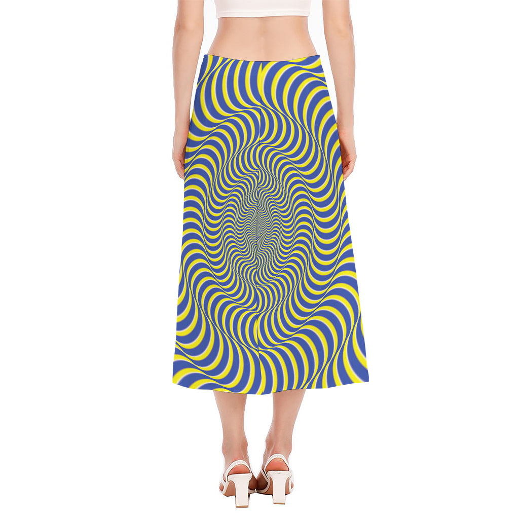 Blue And Yellow Illusory Motion Print Side Slit Midi Skirt
