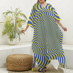 Blue And Yellow Illusory Motion Print Silk V-Neck Kaftan Dress