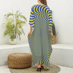 Blue And Yellow Illusory Motion Print Silk V-Neck Kaftan Dress
