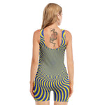 Blue And Yellow Illusory Motion Print Sleeveless One Piece Swimsuit
