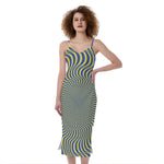 Blue And Yellow Illusory Motion Print Slim Fit Midi Cami Dress