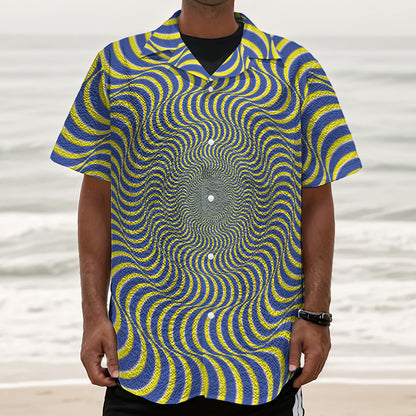 Blue And Yellow Illusory Motion Print Textured Short Sleeve Shirt