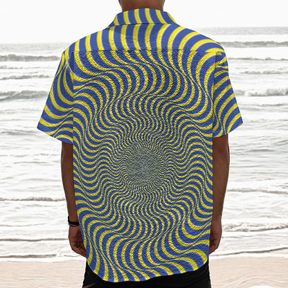 Blue And Yellow Illusory Motion Print Textured Short Sleeve Shirt