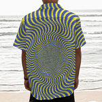 Blue And Yellow Illusory Motion Print Textured Short Sleeve Shirt