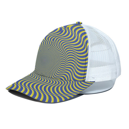 Blue And Yellow Illusory Motion Print White Mesh Trucker Cap