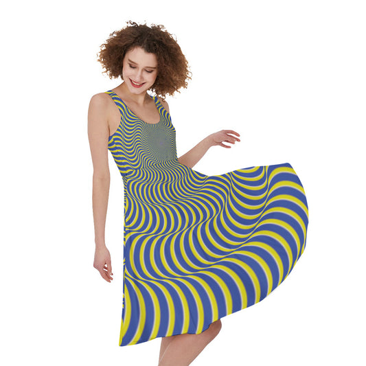 Blue And Yellow Illusory Motion Print Women's Sleeveless Dress