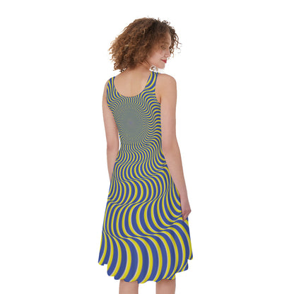 Blue And Yellow Illusory Motion Print Women's Sleeveless Dress