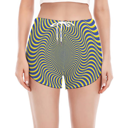 Blue And Yellow Illusory Motion Print Women's Split Running Shorts