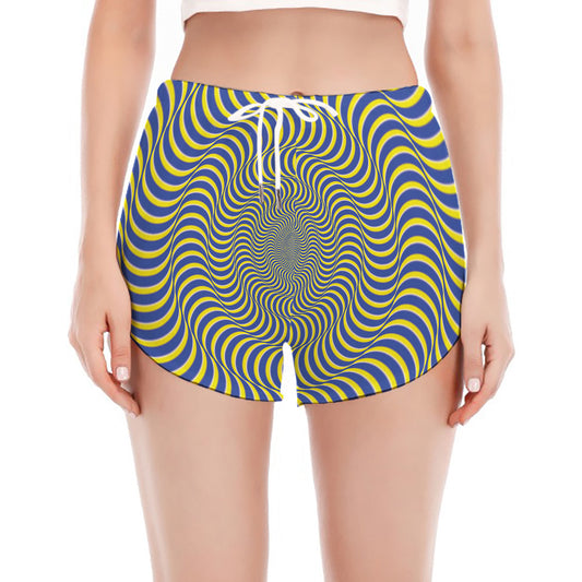 Blue And Yellow Illusory Motion Print Women's Split Running Shorts