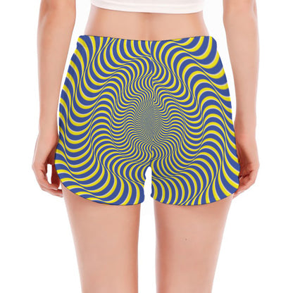 Blue And Yellow Illusory Motion Print Women's Split Running Shorts