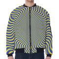 Blue And Yellow Illusory Motion Print Zip Sleeve Bomber Jacket
