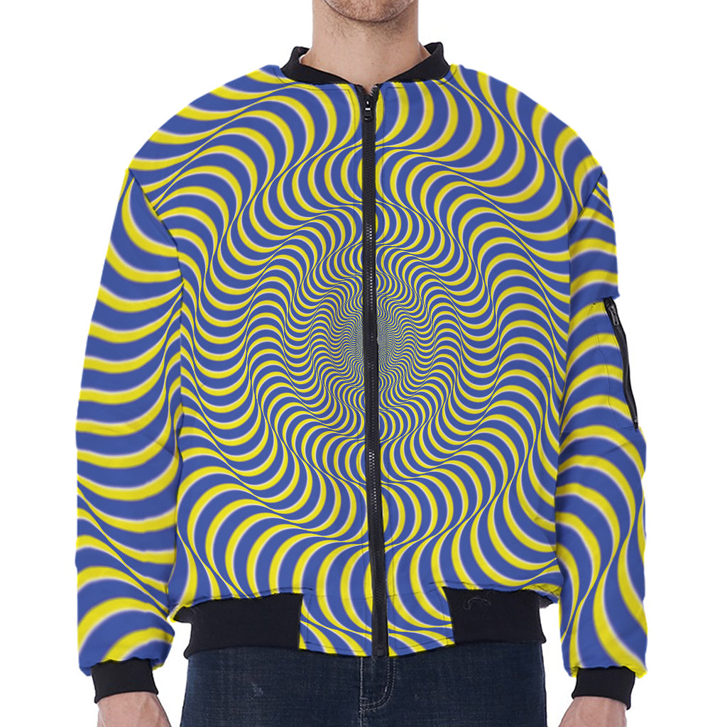 Blue And Yellow Illusory Motion Print Zip Sleeve Bomber Jacket