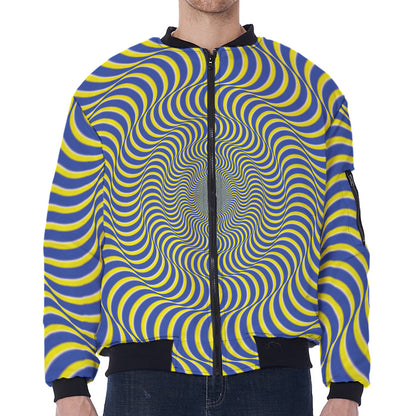 Blue And Yellow Illusory Motion Print Zip Sleeve Bomber Jacket