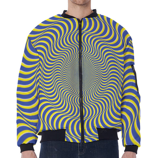 Blue And Yellow Illusory Motion Print Zip Sleeve Bomber Jacket