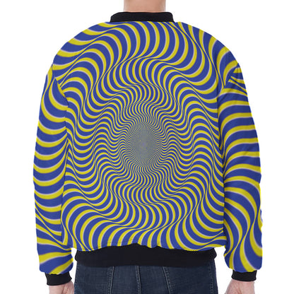 Blue And Yellow Illusory Motion Print Zip Sleeve Bomber Jacket