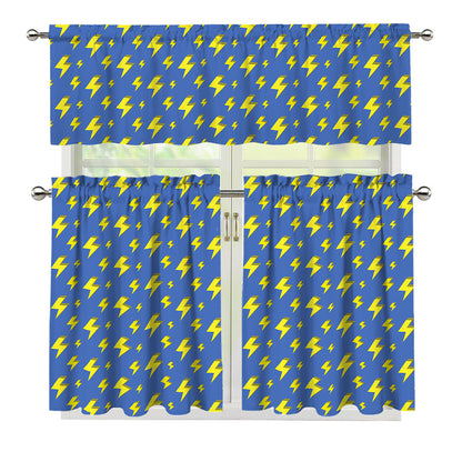 Blue And Yellow Lightning Pattern Print 3 Piece Kitchen Curtains