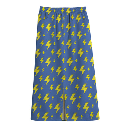 Blue And Yellow Lightning Pattern Print Cotton Front Slit Maxi Skirt