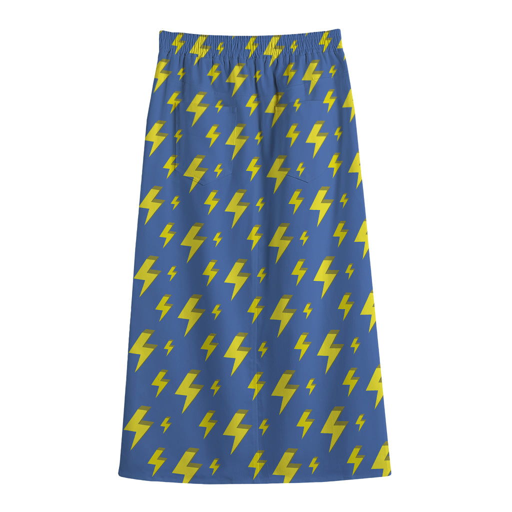 Blue And Yellow Lightning Pattern Print Cotton Front Slit Maxi Skirt
