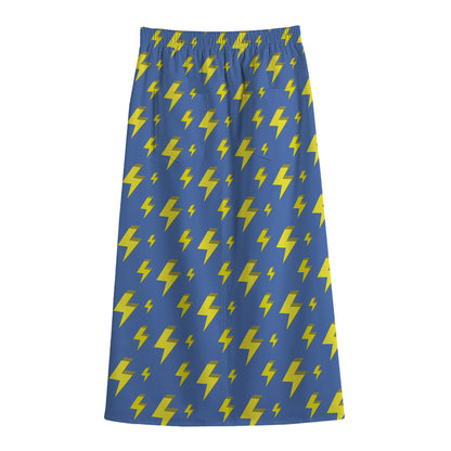 Blue And Yellow Lightning Pattern Print Cotton Front Slit Maxi Skirt