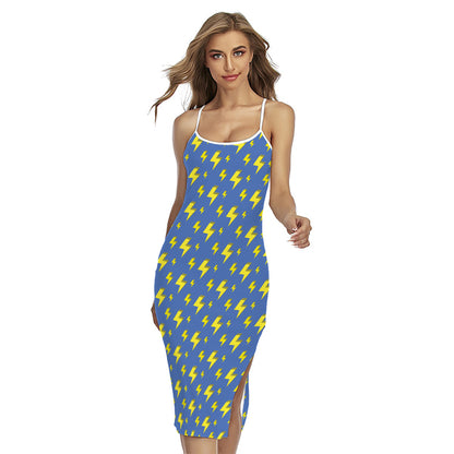 Blue And Yellow Lightning Pattern Print Cross Back Cami Dress