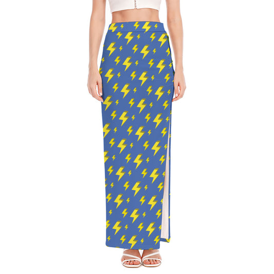 Blue And Yellow Lightning Pattern Print High Slit Maxi Skirt