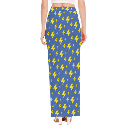 Blue And Yellow Lightning Pattern Print High Slit Maxi Skirt