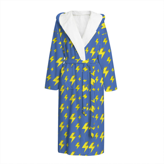 Blue And Yellow Lightning Pattern Print Hooded Bathrobe