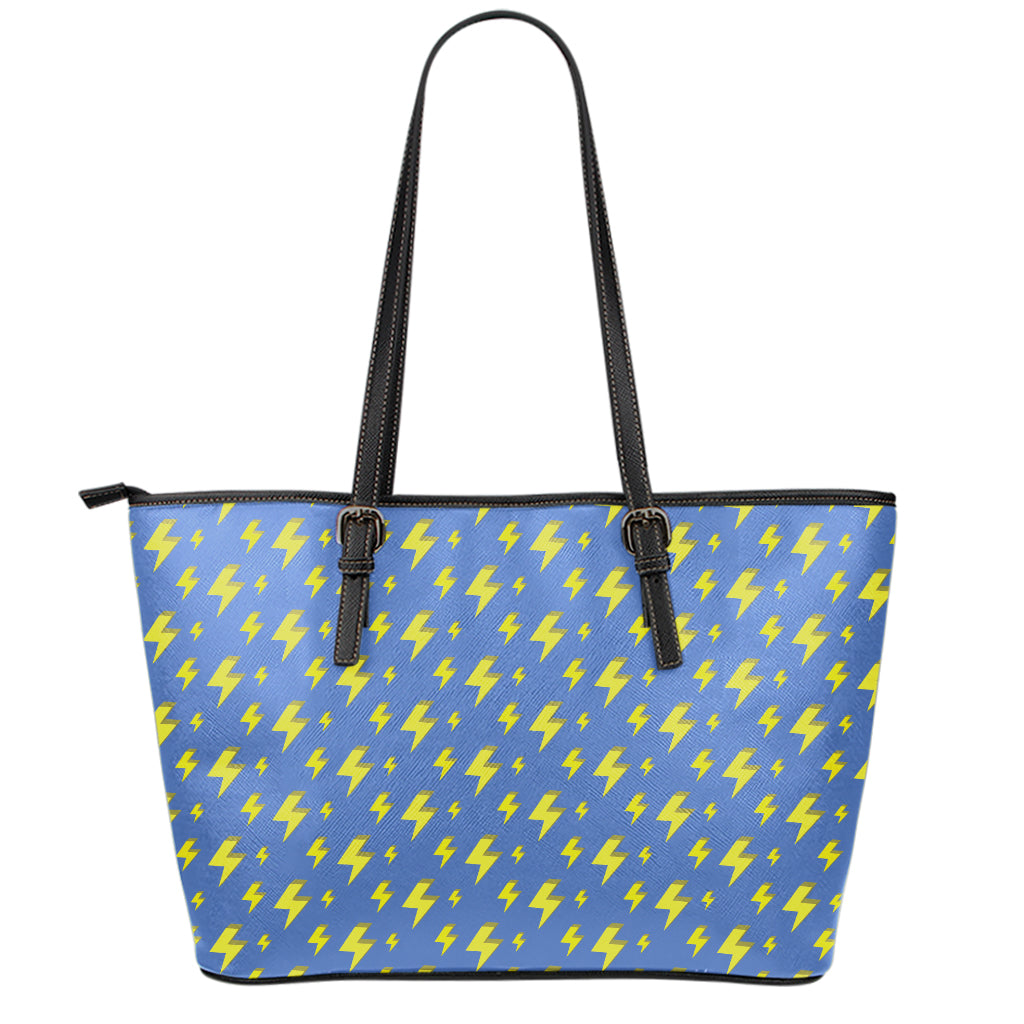 Blue And Yellow Lightning Pattern Print Leather Tote Bag