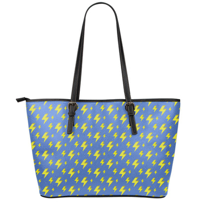 Blue And Yellow Lightning Pattern Print Leather Tote Bag