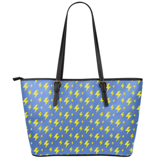 Blue And Yellow Lightning Pattern Print Leather Tote Bag