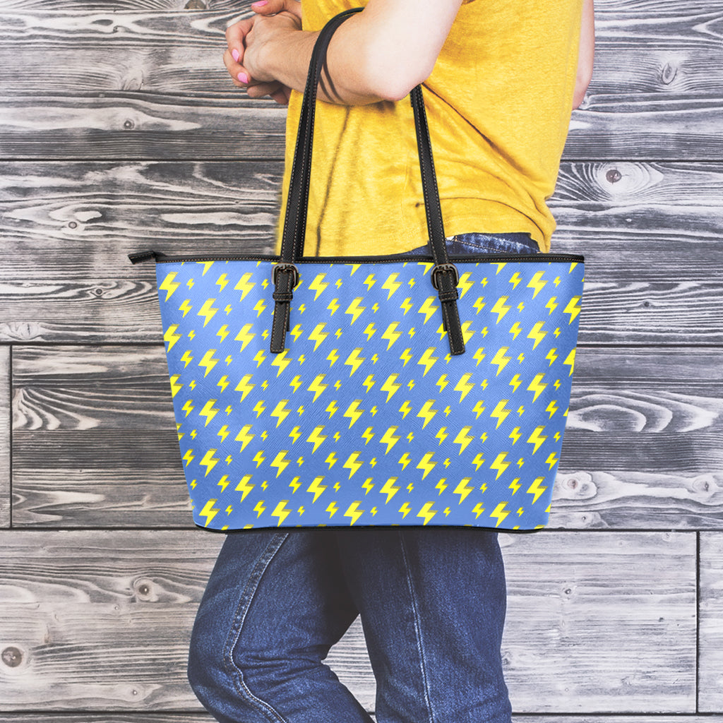 Blue And Yellow Lightning Pattern Print Leather Tote Bag