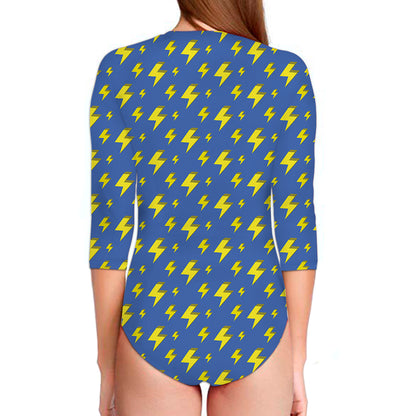 Blue And Yellow Lightning Pattern Print Long Sleeve Swimsuit