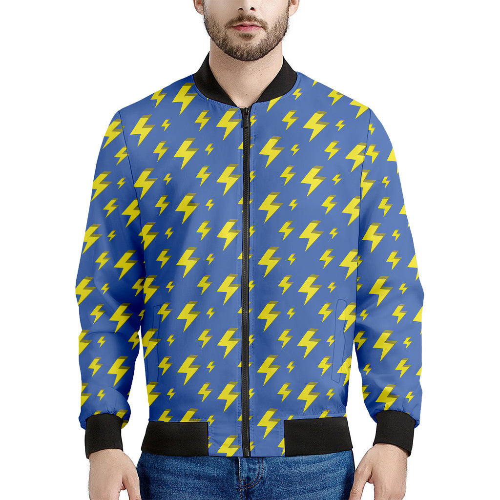 Blue And Yellow Lightning Pattern Print Men's Bomber Jacket