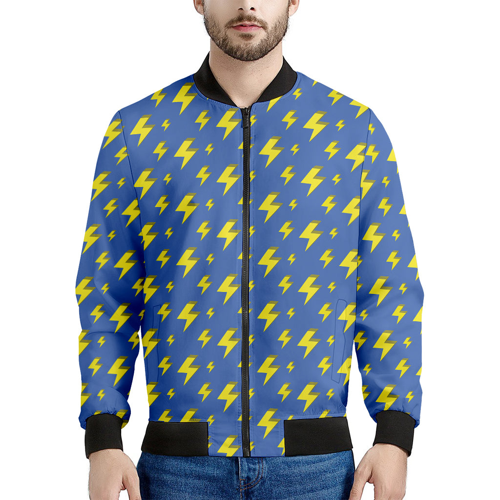 Blue And Yellow Lightning Pattern Print Men's Bomber Jacket