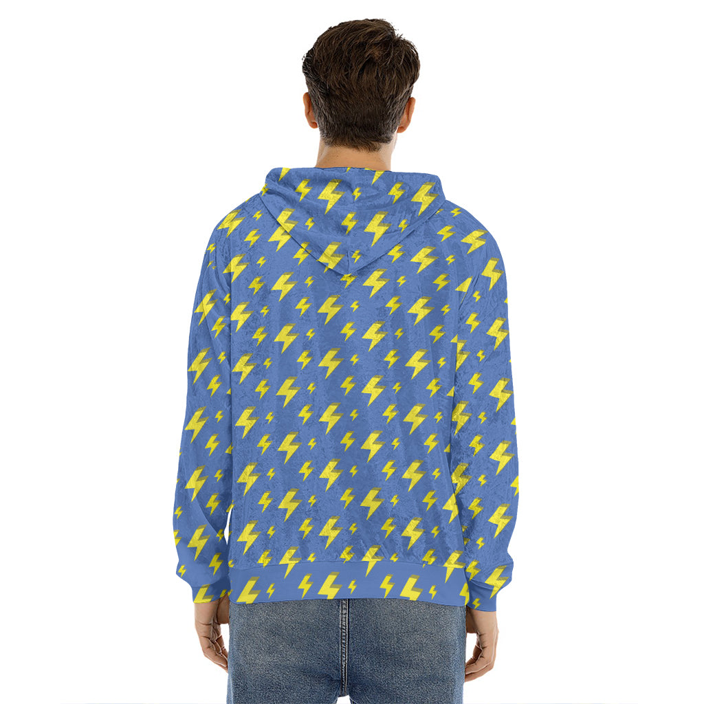 Blue And Yellow Lightning Pattern Print Men's Velvet Pullover Hoodie