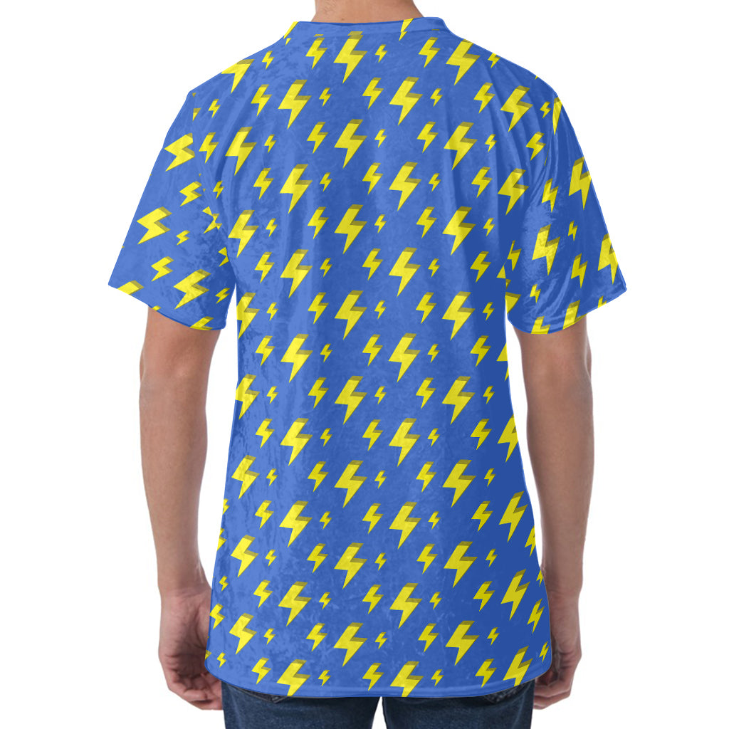 Blue And Yellow Lightning Pattern Print Men's Velvet T-Shirt