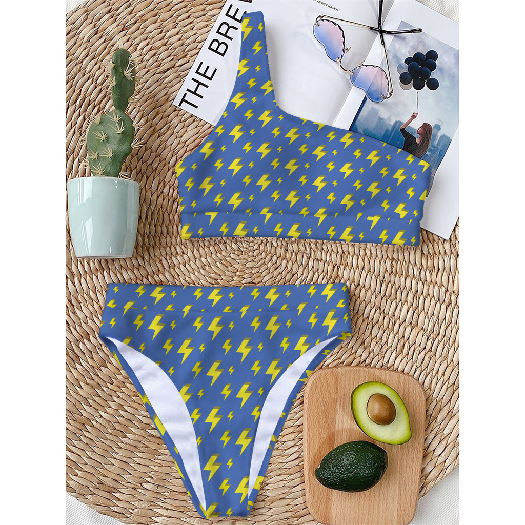Blue And Yellow Lightning Pattern Print One Shoulder Bikini Top