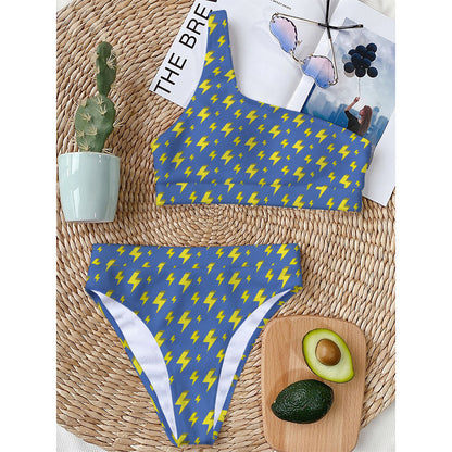 Blue And Yellow Lightning Pattern Print One Shoulder Bikini Top