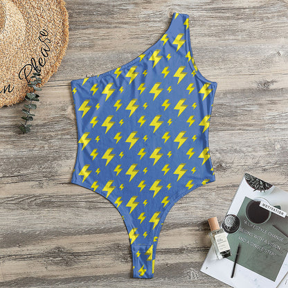Blue And Yellow Lightning Pattern Print One Shoulder Bodysuit