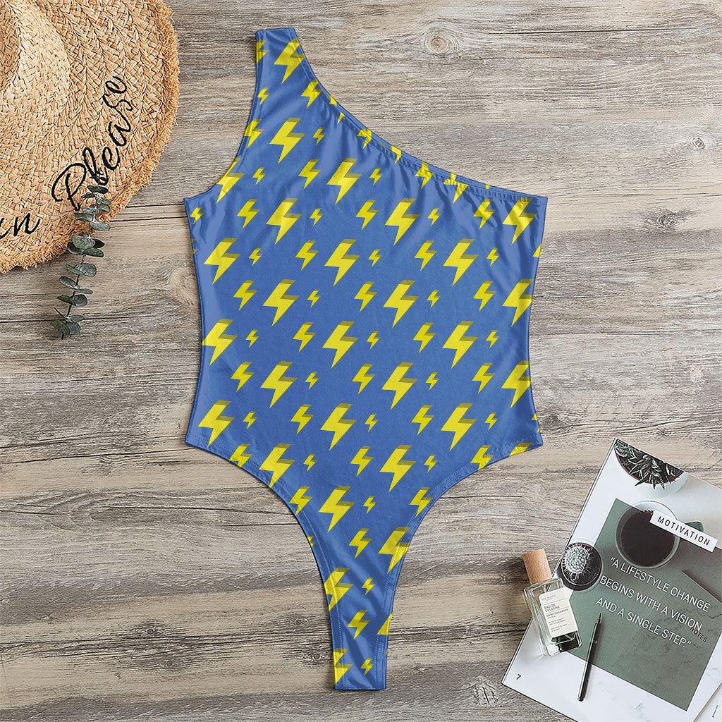 Blue And Yellow Lightning Pattern Print One Shoulder Bodysuit